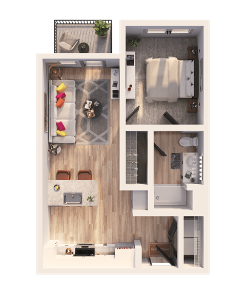 A top-down view of a small apartment with a kitchen, living room, and bathroom.